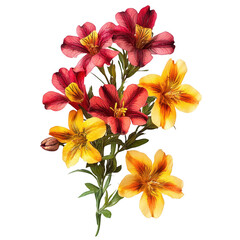 Colorful bouquet of red and yellow alstroemeria flowers with green stems and leaves transparent background
