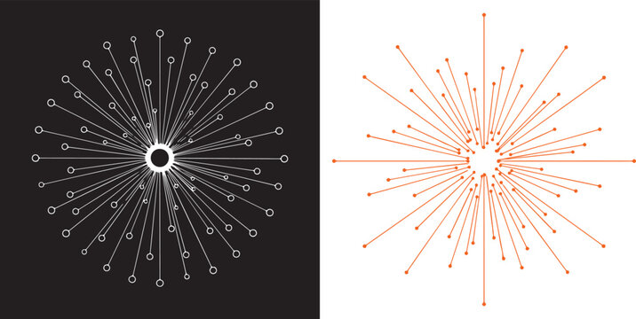 Two abstract vector starbursts: a dense white radial node network on black, and a vibrant orange starburst of varying line lengths on white. Minimalist, high-energy geometric illustrations.
