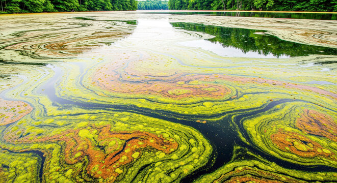 Vibrant green and orange algae bloom swirling on the surface of a calm lake surrounded by lush green trees.
