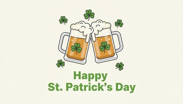 Two frothy mugs of beer clinking together, decorated with shamrocks, celebrating St. Patrick's Day.