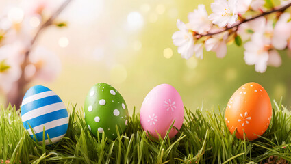 Fototapeta premium Four colorful decorated Easter eggs sitting in green grass with a soft focus background of blooming flowers and bokeh lights.