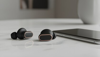 Premium black wireless earbuds resting next to a sleek smartphone on a white marble surface for a modern audio experience concept