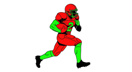 American Football Player Running with Ball, Red and Green Uniform, White Background