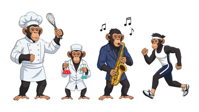 Cartoon Chimpanzees in Diverse Roles: Chef, Scientist, Musician, and Runner