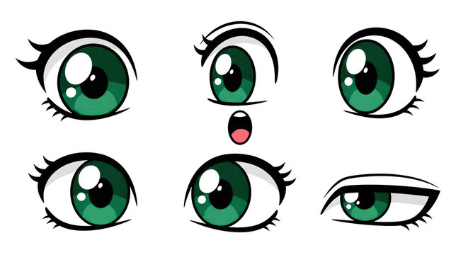 Set of six animestyle green eyes with various expressions and a small open mouth