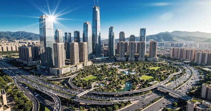 Aerial view of a bustling cityscape with skyscrapers, highways, and green parks under a bright sun