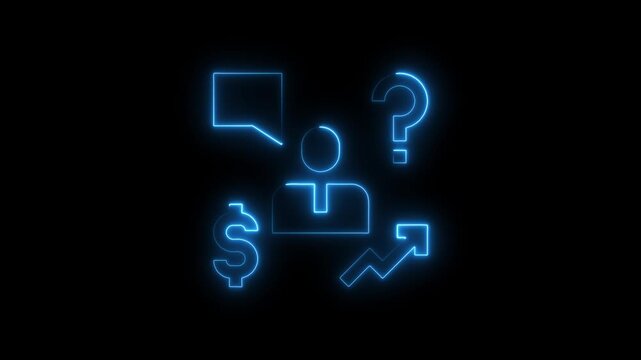 Neon business communication symbols glowing blue of person speech bubble question mark dollar sign and graph on black background
