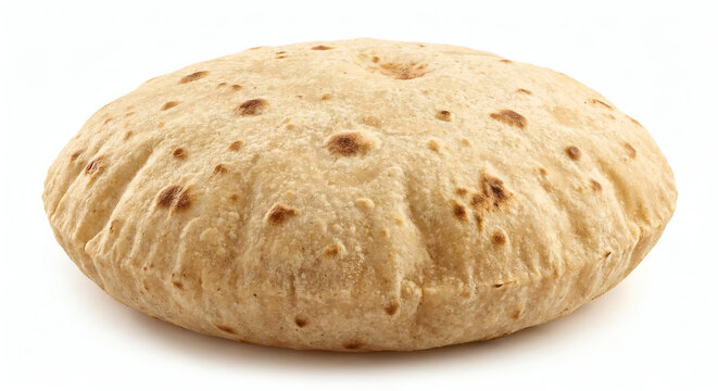 Close-up of a freshly baked, fluffy Indian roti or chapati on a white background.