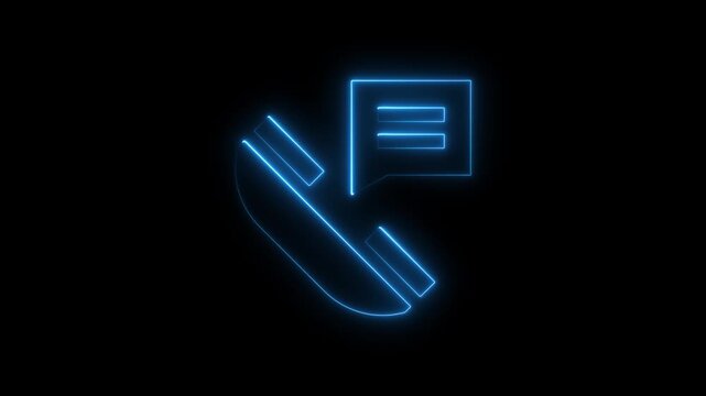 Neon blue phone and speech bubble on black background communication symbol