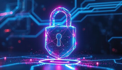 Secure digital innovation with this glowing polygonal padlock, perfect for presentations on cybersecurity, data protection, and technological advancements