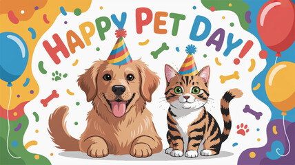 Obraz premium Golden retriever dog and tabby cat wearing party hats celebrating happy pet day with colorful balloons