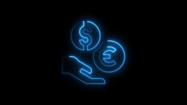 Glowing Blue Hand Holding Dollar and Euro Coins on Black Background Finance Concept money currency