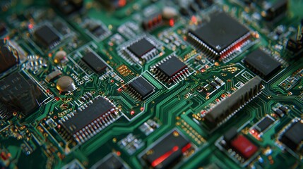Obraz premium Circuit Board in Detail: A close-up view reveals the intricate architecture of a circuit board, showcasing electronic components and pathways that power modern technology. 