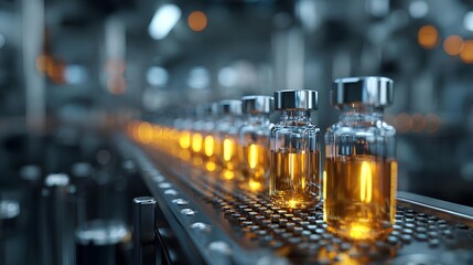 Vaccine Production Line: A close-up view captures the automated precision of a vaccine production line, vials of the life-saving medicine are systematically transported for global distribution. 