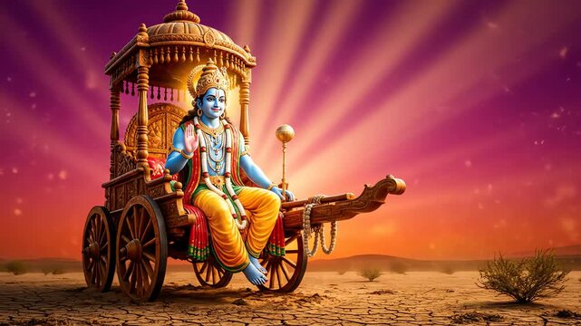 Lord krishna majestically sits on an ornate chariot under a vibrant, spiritual sky, celebrating krishna janmashtami.