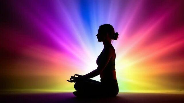 Silhouette of a Woman Meditating with a Colorful Rainbow Background.