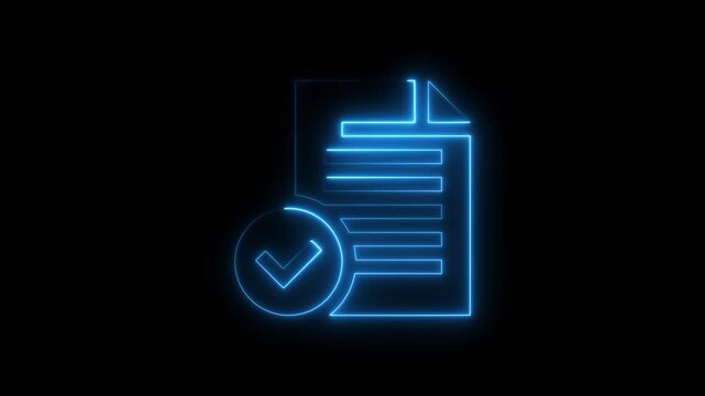 Neon Blue Document with Checkmark on Black Background document checkmark checklist approved confirmed