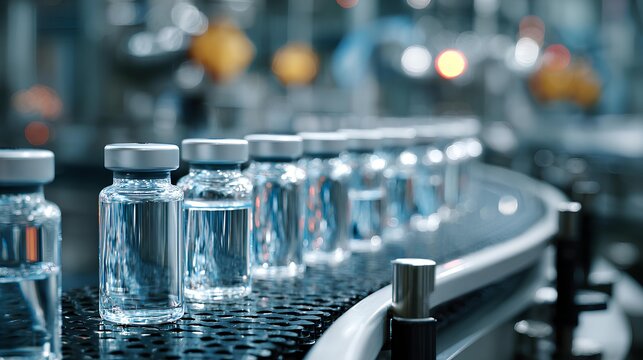 Vaccine vials in a production line: Showcase a precise alignment of vaccine vials as they move along a production line, embodying the innovation and advancement in healthcare