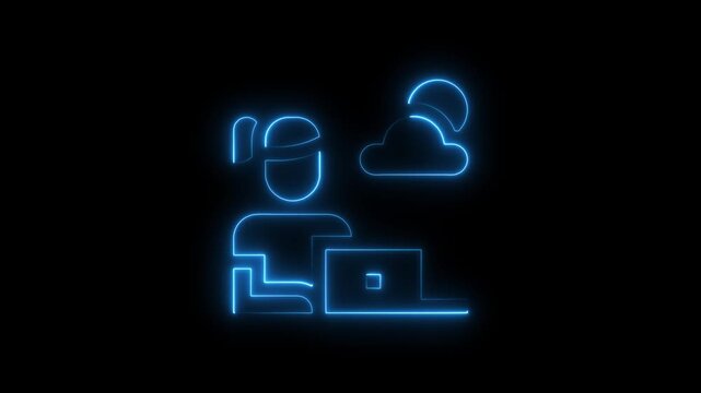 Neon blue cloud computing symbols glowing on black background glowing symbols technology