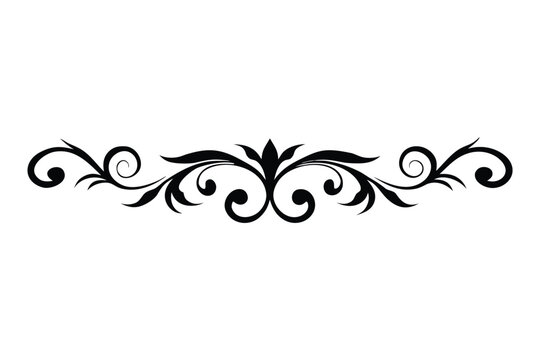 Black ornamental symmetrical scrollwork with swirls and fleur de lis motif