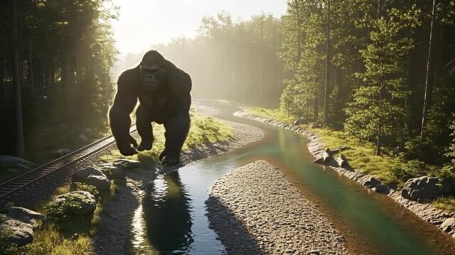 bigfoot walking along river in cinematic mountain wilderness