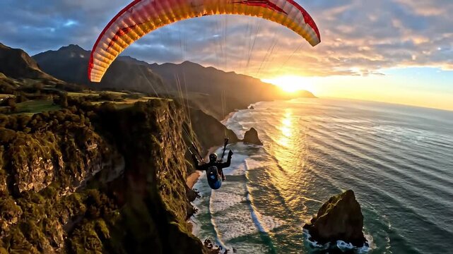 Paraglider soars over dramatic cliffs and ocean at sunset, adventure and freedom