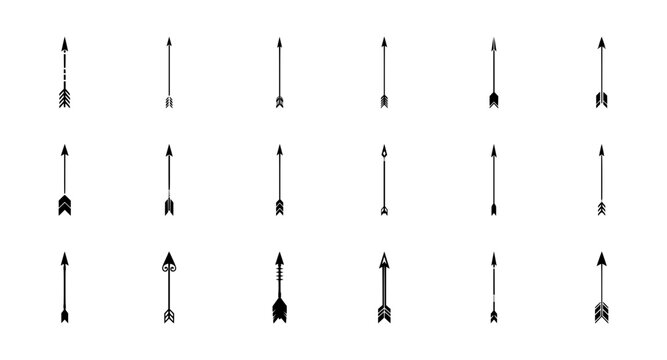 Set of vintage arrow silhouettes and tribal style bow arrows, decorative feathered pointer elements for target and direction vector.
