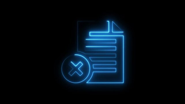 Neon blue document with delete symbol on black background for data removal or cancellation concept document delete symbol