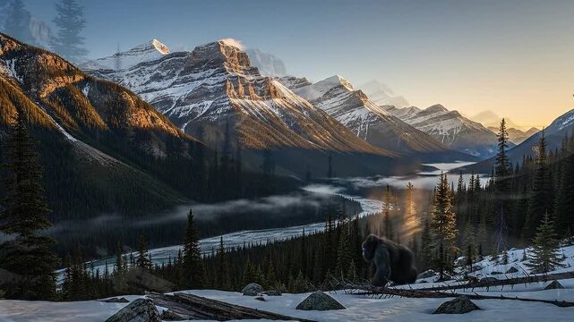 bigfoot remote mountain wilderness landscape cinematic habitat scene