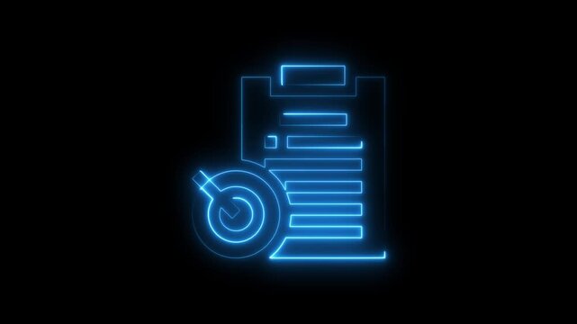Neon Blue Document and Target on Black Background Symbolizing Goal Oriented Strategy and Planning document target goal oriented