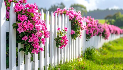 A white picket fence adorned with vibrant pink flowers, stretching into the distance with a blurred green background