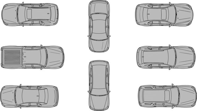 Top‑down grayscale illustration of multiple vehicles including sedans, SUVs, and pickup trucks, showcasing diverse car designs for traffic analysis, urban planning, and creative stock projects