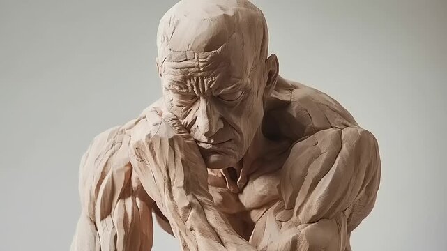 Sculpture of a man deep in thought with hands on face.