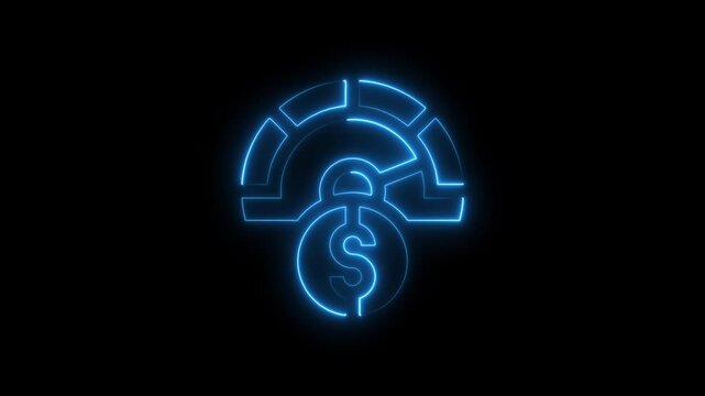 Neon blue glowing dollar sign with cogwheel and semicircle on black background finance business concept