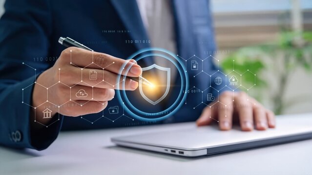 Business professional signing digital security shield interface on laptop,cybersecurity protection and data privacy compliance concept with encrypted network icons and secure access control