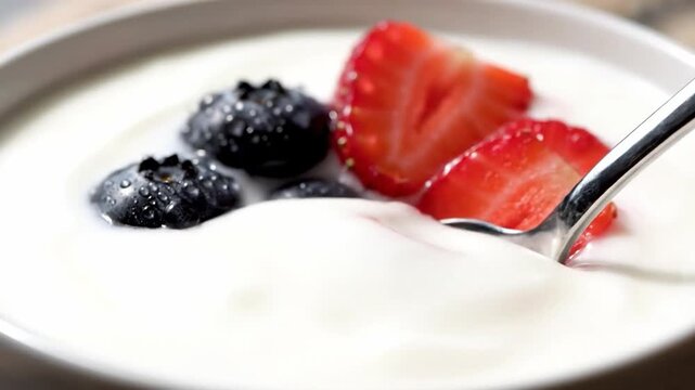 Yogurt Bowl with Fresh Blueberries and Sliced Strawberries Being Scooped by a Spoon