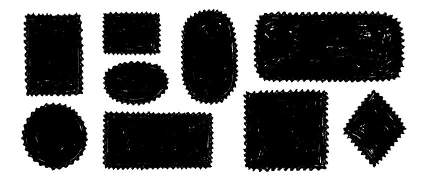 Hand drawn crayon boxes and stamps set. Doodled rough edge borders and frames collection. Black sketched playful geometric shape pack for sticker, logo, collage, banner, patch, label. Vector