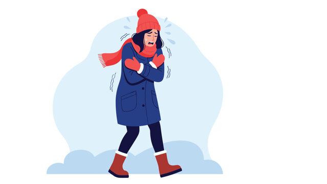 Young woman wearing warm winter clothes shivering from cold and freezing temperatures while walking on snow covered ground outside.