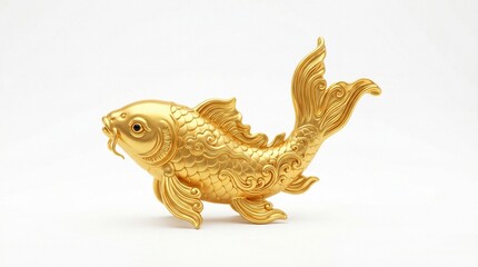 Fototapeta na wymiar A Golden koi , traditional Chinese, encouraging design, solid gold, smooth rounded polished surface, isolated on white background, minimal shadow