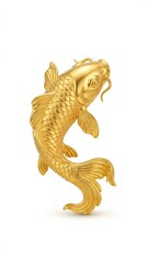 Fototapeta na wymiar A Golden koi , traditional Chinese, encouraging design, solid gold, smooth rounded polished surface, isolated on white background, minimal shadow