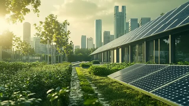 Sustainable Building with Solar Panels and Greenery.