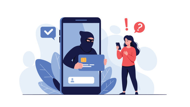 Cyber criminal in balaclava stealing credit card information from smartphone of worried woman illustrating online fraud and phishing scam.