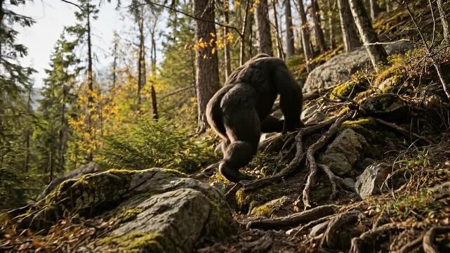 bigfoot climbing rugged forest hillside in autumn wilderness cinematic scene