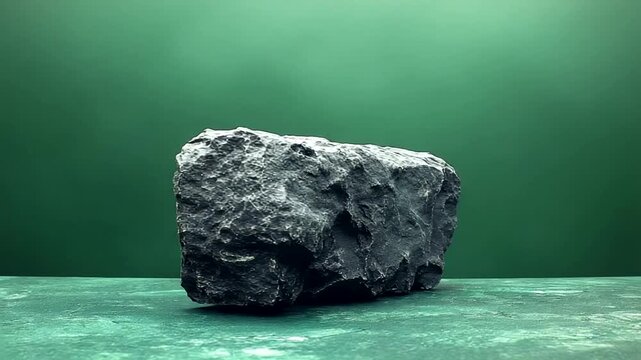Large textured rock on green surface with minimalism