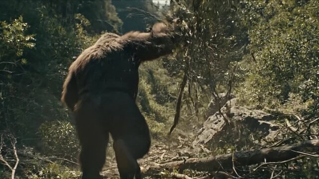 bigfoot walking away through dense forest at golden hour