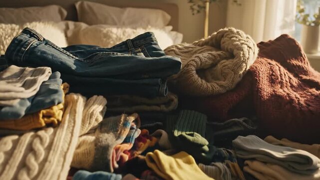 Pile of folded laundry on a bed, including sweaters, jeans, and colorful socks