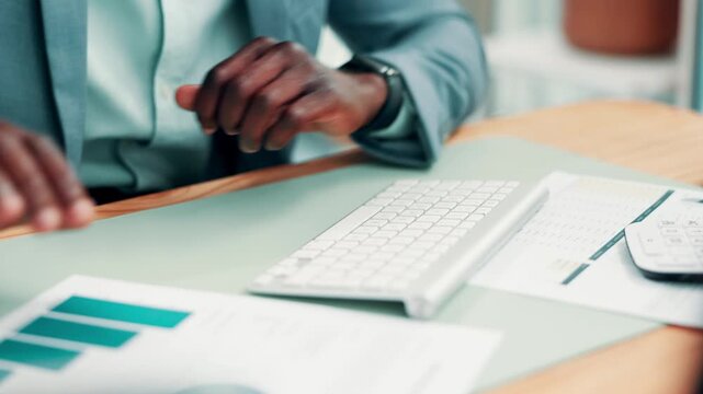 Hands, keyboard and man with investment, graphs for budget report and data analysis. Investor, typing and person in office, payroll audit and finance charts for revenue and stats for profit increase