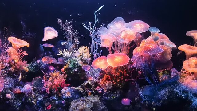 Vibrant underwater coral reef teeming with jellyfish and marine life.