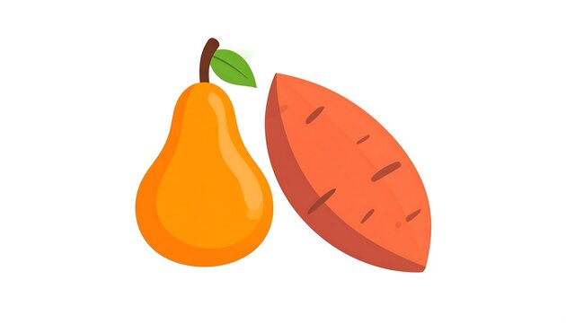 A simple, digitally-drawn illustration of a vibrant pear and a sweet potato, both in a flat, cartoonish style against a white background