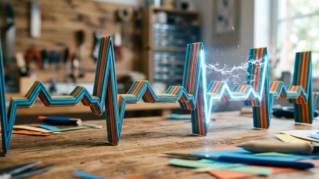 Colorful 3D waveform representation with electric sparks on a workbench surrounded by art supplies